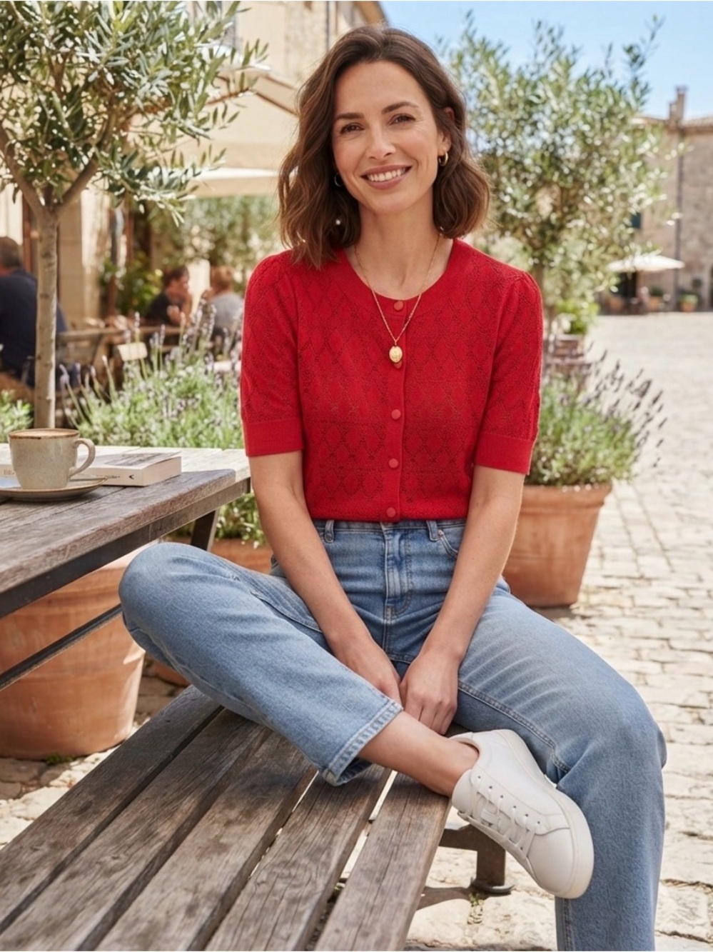 TALBOTS | Red Short-Sleeve Button-Up Knit Cardigan Top - Medium Petite